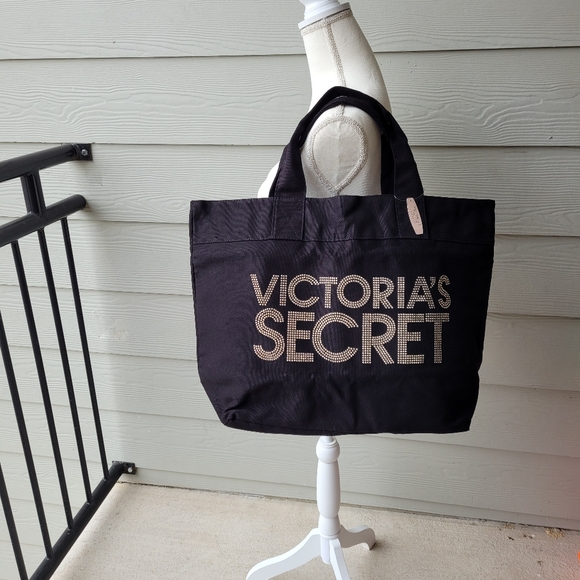 NWT Victoria's Secret Tote Bling Lettering VS Gold Black Large Canvas Duffle - Picture 4 of 9